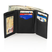 Load image into Gallery viewer, Black Trifold Wallet - Men&#39;s Slim Minimalist Money Holder - 12+ Credit Cards, 15+ Cash Bills Capacity - Heavy Duty, Stylish Storage with RFID Blocking Protection